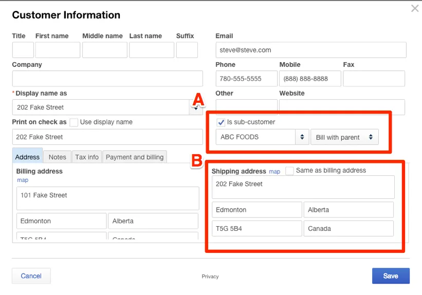 Edit customer information screen from QuickBooks with the sections for is subcustomer and shipping address highlighted