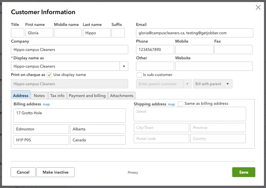Customer information edit screen from QuickBooks