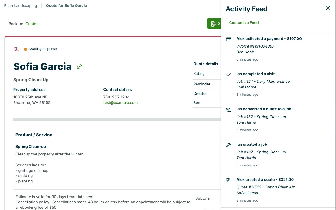 full screen view of a request in Jobber with the activity feed sidebar open