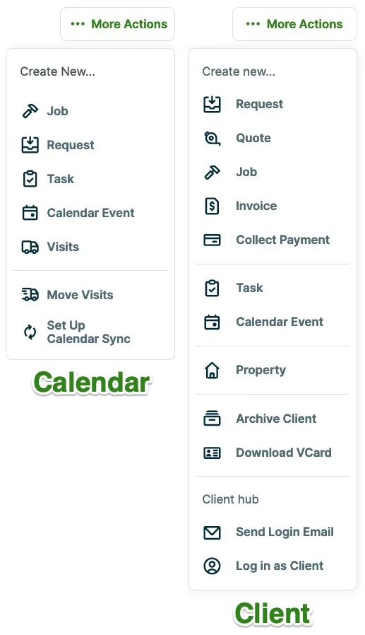 more actions menus from the calendar and client