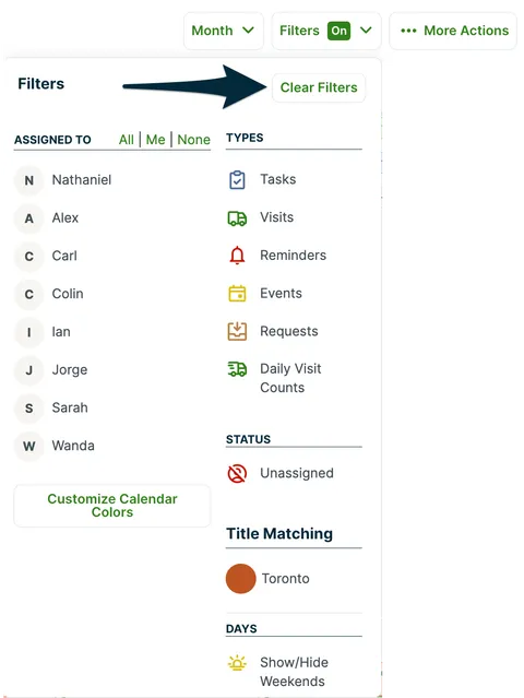 Schedule filter dropdown options with an arrow pointing to the clear filters button