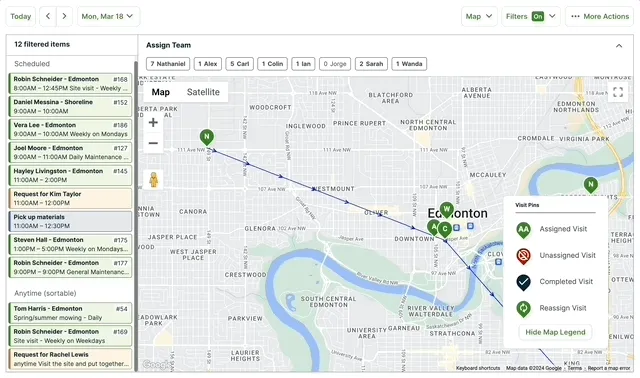 a visit being dragged in the list to reorder the anytime visits. Once the visit is dragged, the routing lines on the map change to update the visit order.