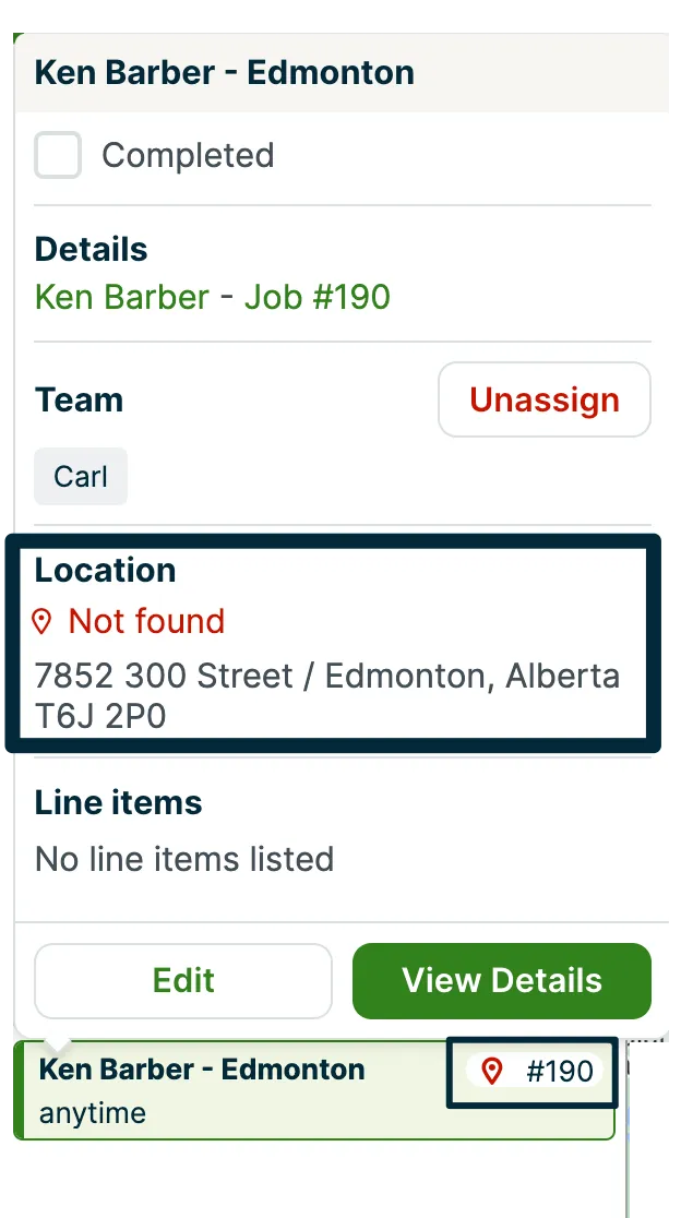 Visit details for a visit where the property cannot be geolocated. There is text that says not found above the address