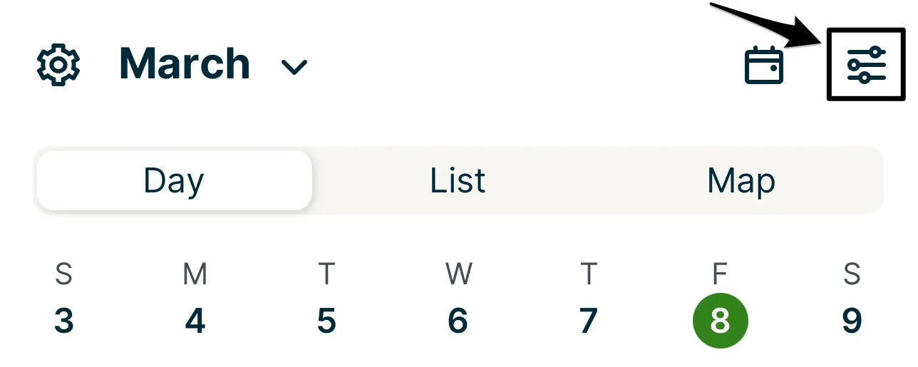 A screenshot highlighting the View options icon in the Jobber app's schedule screen.