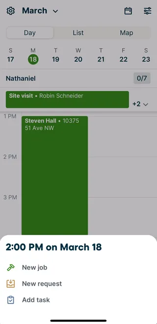 Schedule with a menu open with options to create a new job, new request, or new task