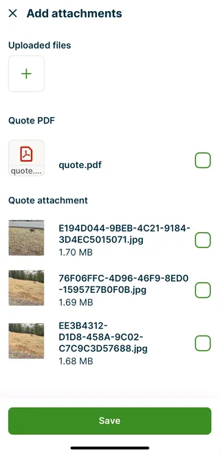 thumbnails of a grassy field that have been uploaded as an internal note on a quote that can now be selected to add as an email attachment