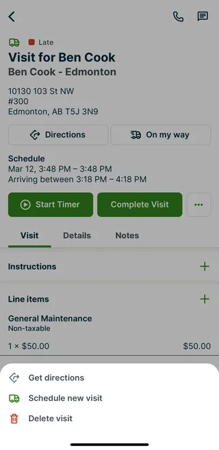 A screenshot showing the Delete visit option in the More actions menu from a visit screen.