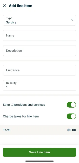 A screenshot showing the add line item screen in the Jobber app.