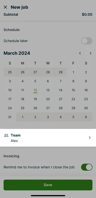 A screenshot highlighting the Team assignment section of the new job screen in the Jobber app.
