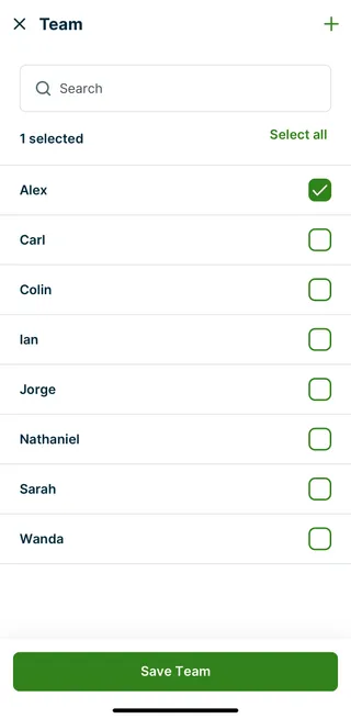 A screenshot showing the team member selection list when creating a new job in the Jobber app.