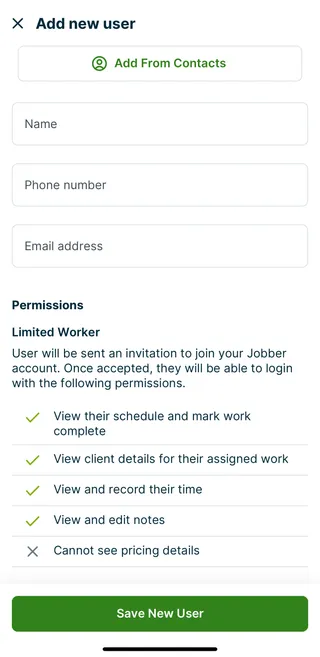 A screenshot showing the add new user screen when creating a new job in the Jobber app.