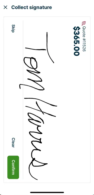 A screenshot showing the signature pad screen in the Jobber app.