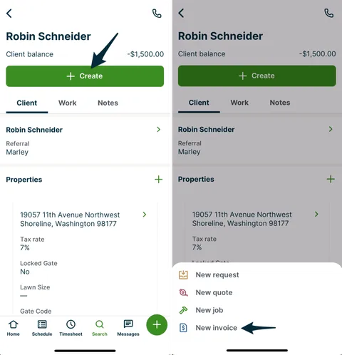 Side-by-side screenshots showing how to create an invoice from a client's profile.