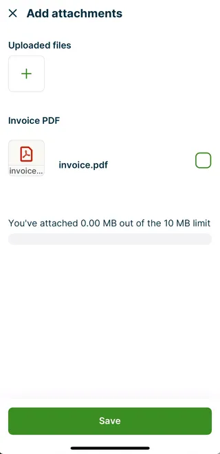 A screenshot showing the "Add attachments" screen for emails in the Jobber app