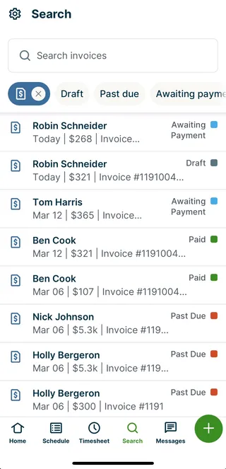 A screenshot showing the search screen in the Jobber app with the invoices filter selected.
