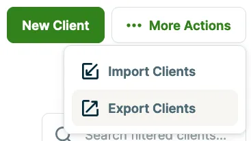More Actions button selected with Export Clients highlighted