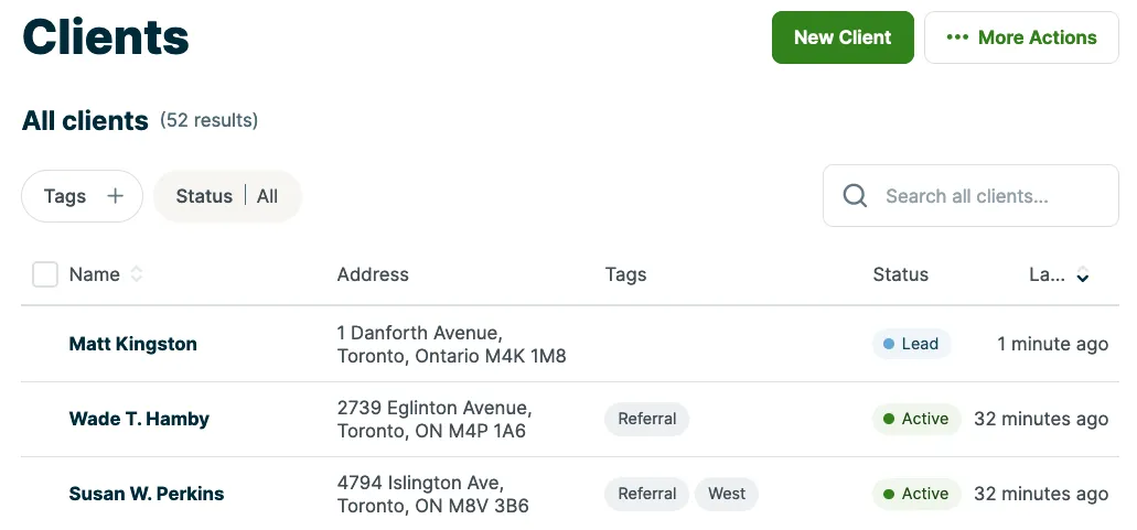 three clients from the clients list. One is a lead.