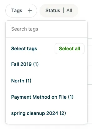 A screenshot showing the drop down menu for the Tags tab.