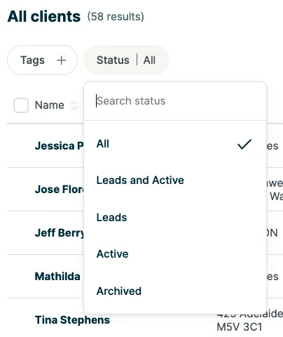 A screenshot showing the drop down menu for the Status tab. Statuses listed include all, leads and active combined, leads, active, and archived.