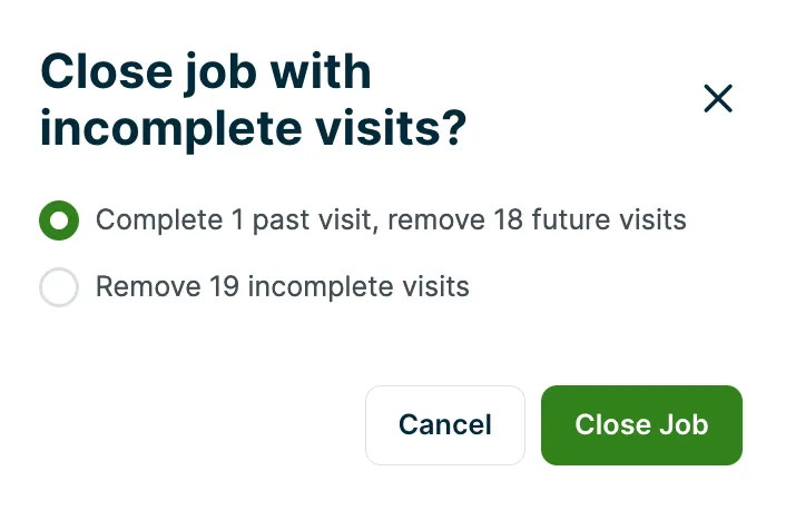 A screenshot showing the pop-up that appears when a job with incomplete visits is closed. The example shows the options to either complete one past visit and remove 18 future visits, or to remove all 19 incomplete visits.