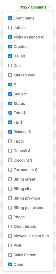 invoices report columns