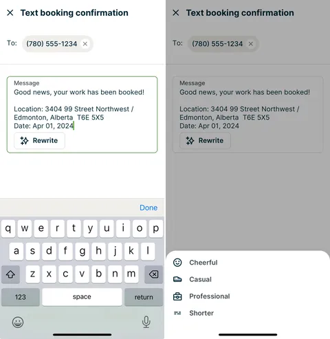 Side-by-side screenshots showing the "rewrite" button and rewrite style options.