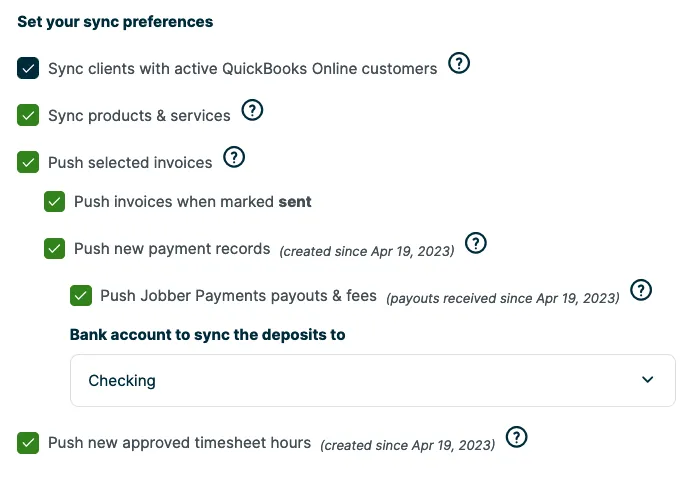 Checkboxes to select the items to be synced to QBO