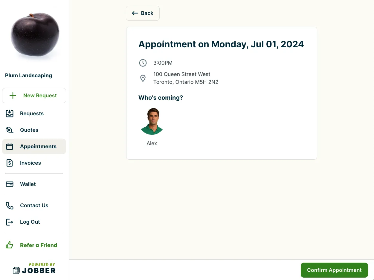 appointment with a button for the client to confirm it