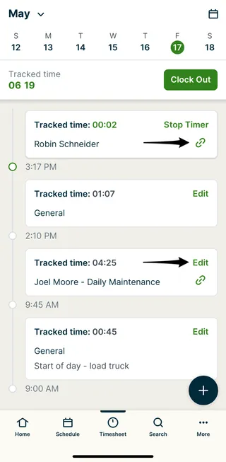 A screenshot showing Edit button for tracked time entries.