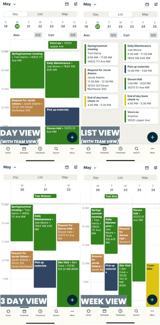 Day view, list view, 3 day view, and week view