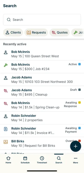 A screenshot showing the Client list view on the Search screen. 