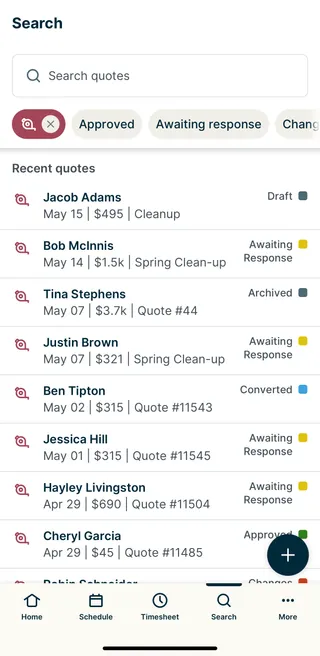 A screenshot showing a list of quotes on the Search screen. 
