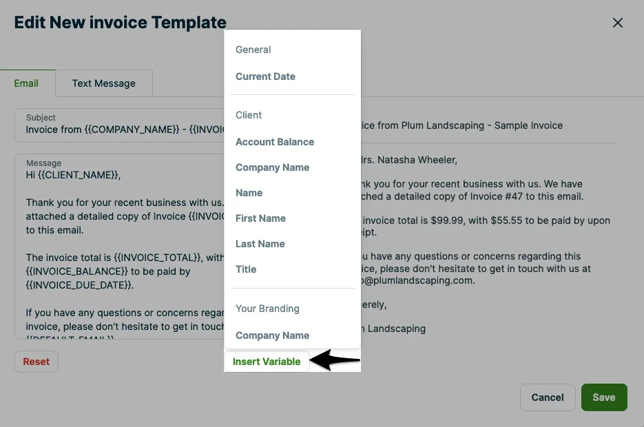 A screenshot showing an active insert variable button with a drop down displaying the variables you can select