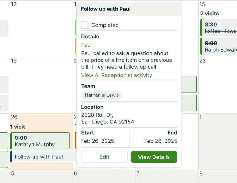 A screenshot showing a task on the calendar, created by AI Receptionist.