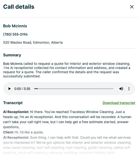A screenshot showing the Ai Receptionist call details.