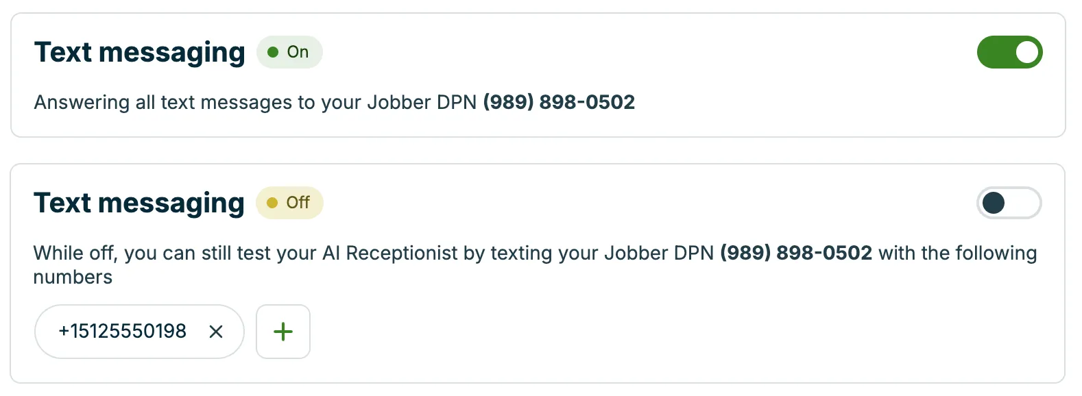 A screenshot showing the text messaging settings for Receptionist.