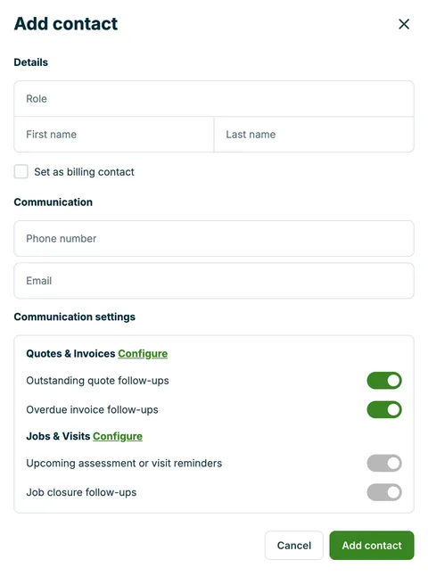 A screenshot showing the Add contact form, including communication settings toggles.