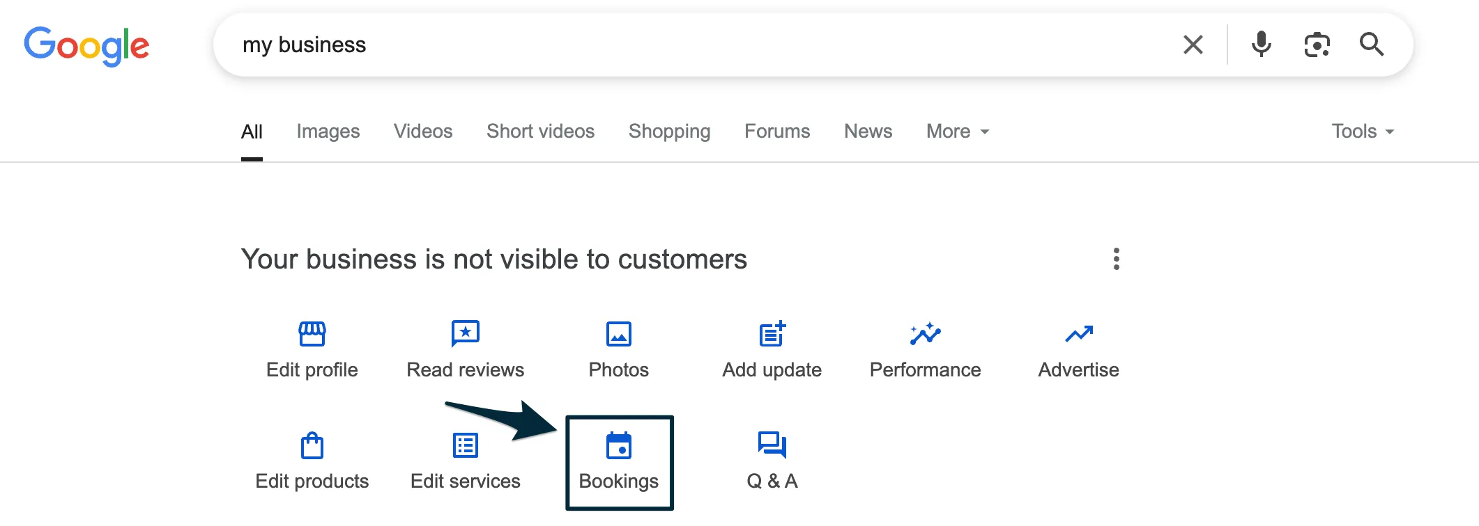 A screenshot showing the Bookings selection when editing a Google Business Profile.