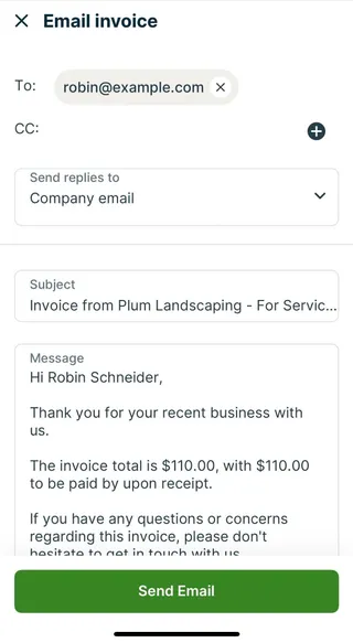 A screenshot showing the invoice email preview screen in the Jobber app.