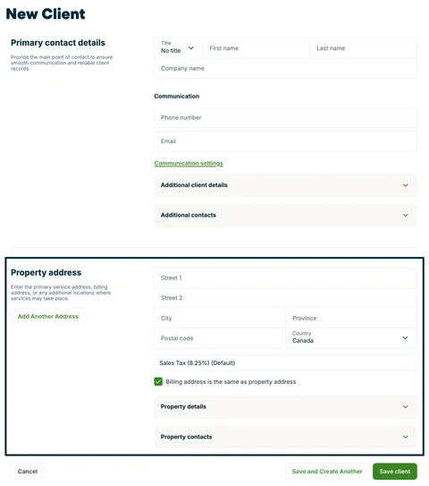A screenshot highlighting the Property address section of the New Client page.