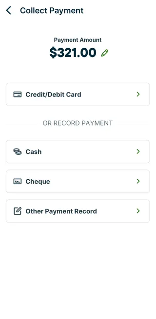 A screenshot showing the Collect Payment screen in the Jobber app.