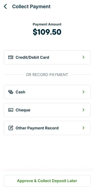 A screenshot showing the Collect Payment screen for quote deposits in the Jobber app.
