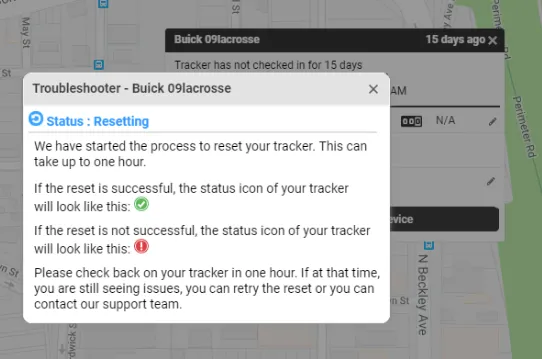 pop-up that shows the status of the reset