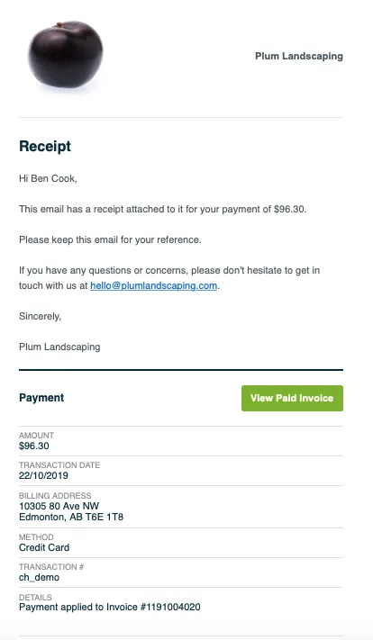 receipt from an automatic payment with a button to view the paid invoice 