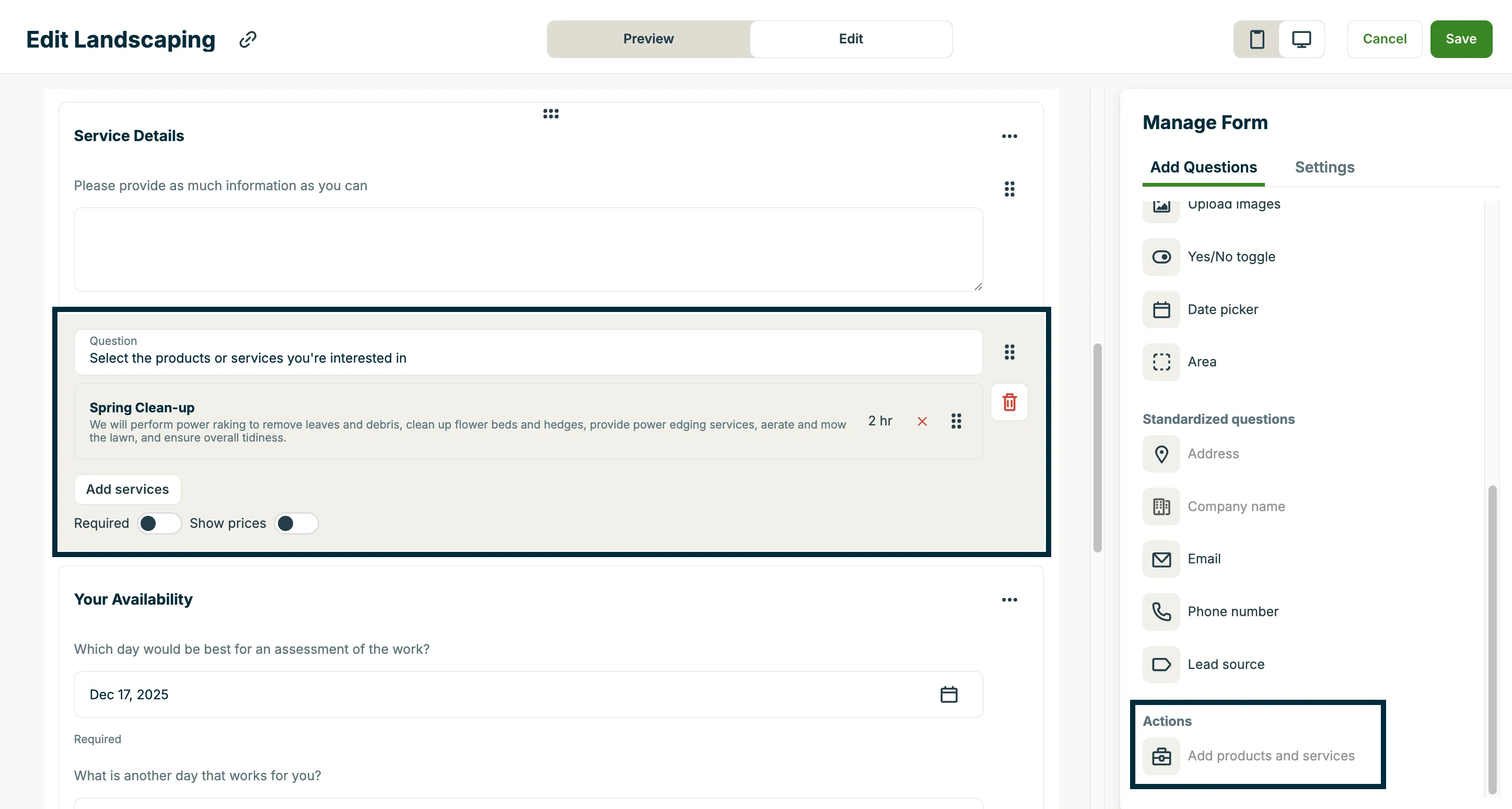 A screenshot showing the "Add products and services" option in the request form editor.