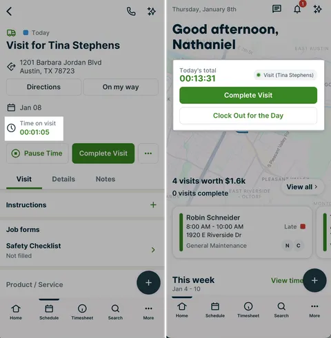 A screenshot showing running visit timer views in the Jobber app.