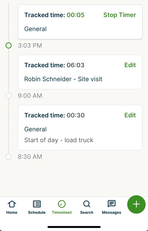A screenshot showing the tracked time stamps on the Timesheet screen.