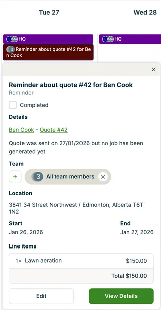 A screenshot showing a quote reminder block in the schedule and a pop-up showing its details.