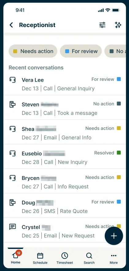 A screenshot showing the conversation log screen in the Jobber app.