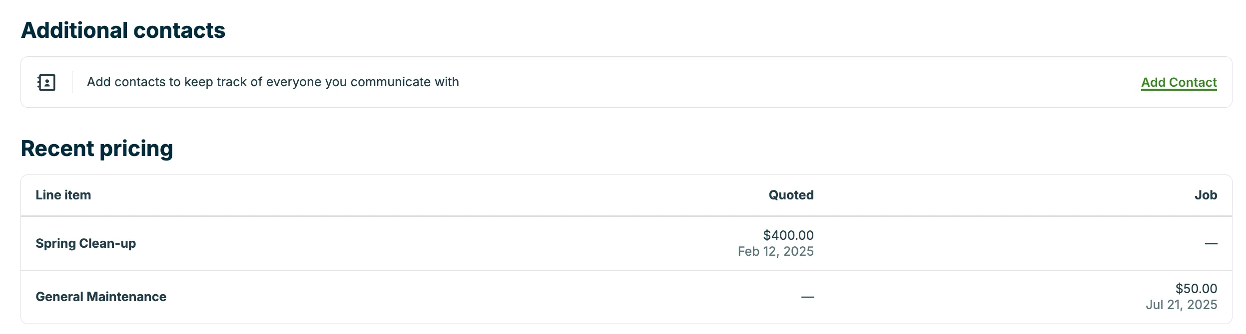 A screenshot showing the Additional contacts and Recent pricing sections of the property details page.